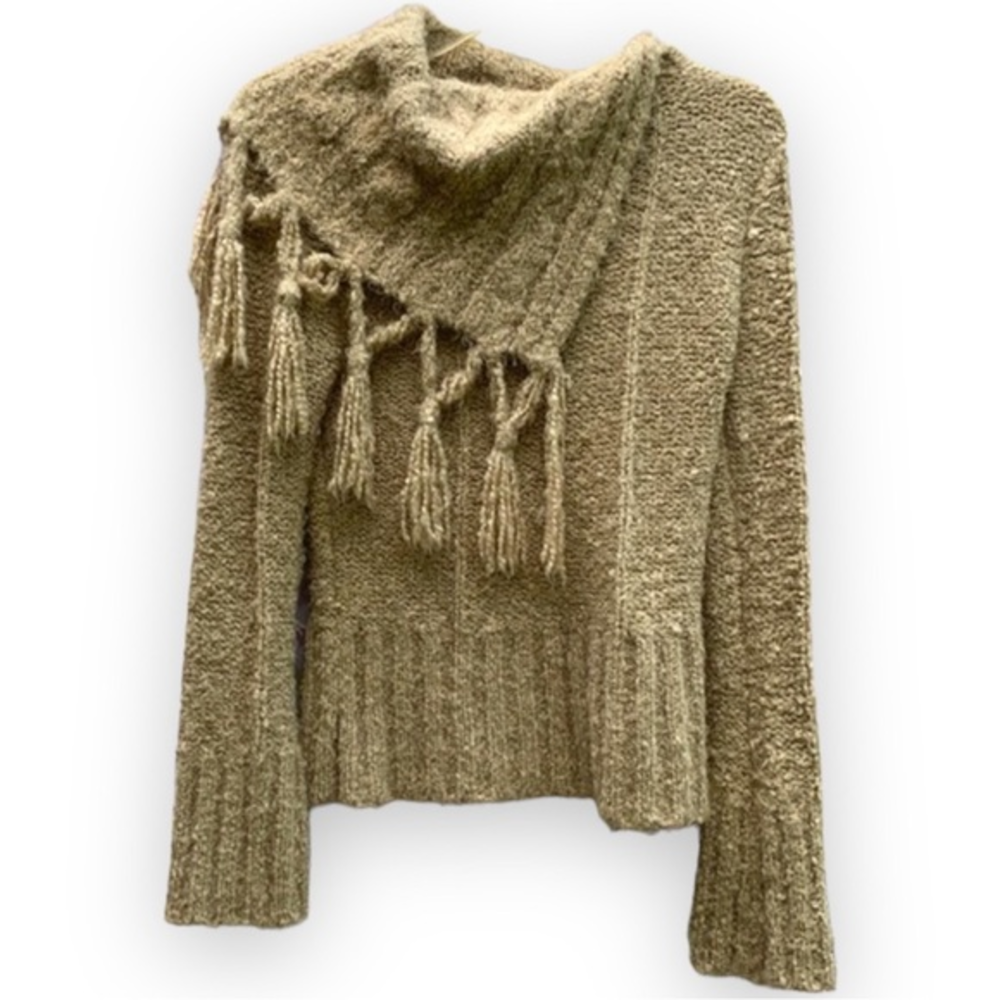 Kensie Blanket Sweater Cowl Neck Fringe Asymmetrical Marled Knit Small